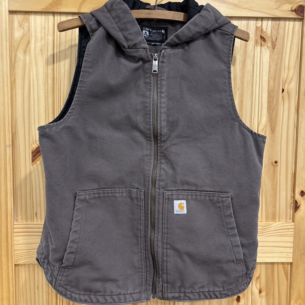 Women's CARHARTT Hooded Vest Insulated Thinsulate Canvas Taupe Gray Medium 8-10